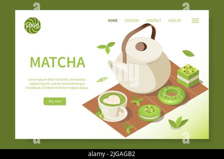 Matcha isometric web site landing page with view of tea set with editable text button links vector illustration Stock Vector