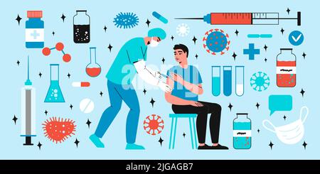Vaccination flat icons set with people taking immune medication shots ...