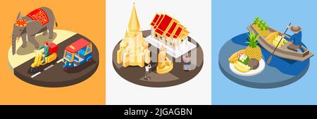 Thailand touristic isometric set with three compositions of elephant and scooter on road temples and food vector illustration Stock Vector