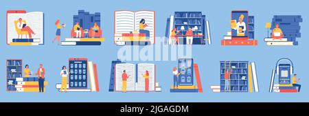 Online library flat color set of reading people holding in hands books and gadgets isolated vector illustration Stock Vector