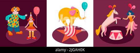 Three circus design icon set two clowns on stage trained elephant standing on a ball trainer with a horse vector illustration Stock Vector