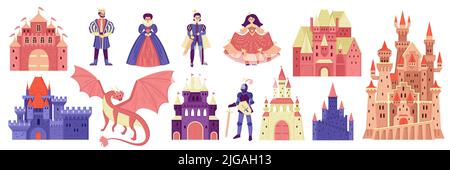 Kingdom big set with characters of medieval fairytale heroes castles and flying dragon on blank background vector illustration Stock Vector