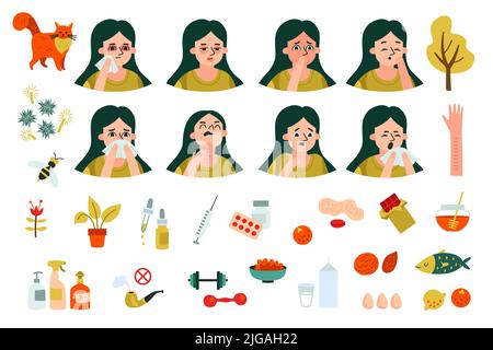 Allergy icon set types of different allergies things that provoke allergies and remedies for treating them vector illustration Stock Vector