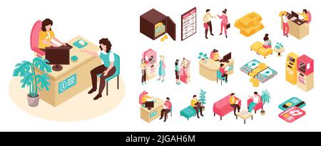 Isometric bank icon set bank safe with money atm terminals gold bars customer service manager credit cards and cash vector illustration Stock Vector