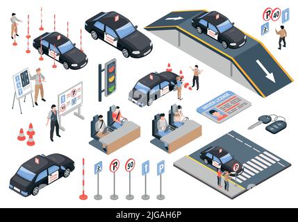 Isometric driving school color icon set black cars driving simulators traffic lights and road signs education vector illustration Stock Vector