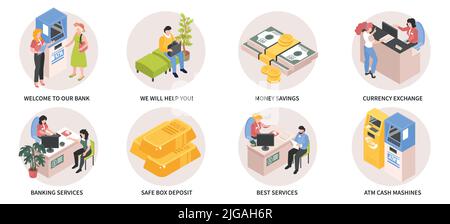 Isometric bank composition set with welcome to our bank we will help you money savings currency exchange banking services safe box deposit best servic Stock Vector