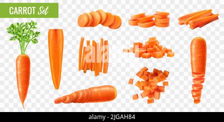 Set with realistic carrot icons on transparent background with isolated images of slices sticks and cubes vector illustration Stock Vector