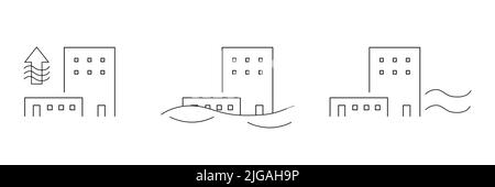 Flooded city icons set. Global problem with rising sea levels. Stock Vector