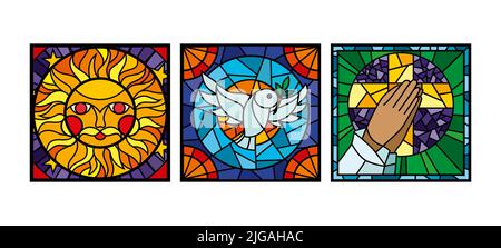 Mosaic glass square windows set with geometric pattern sun cross and bird cartoon symbols isolated vector illustration Stock Vector