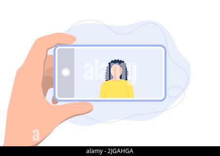 Man holds a phone in his hands and takes a picture of a girl. Stock Vector