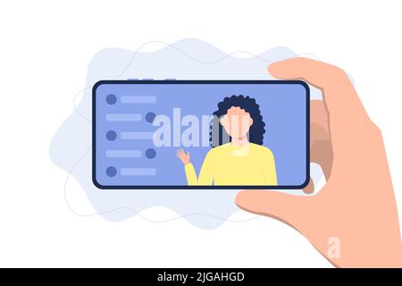 Girl leads a live broadcast pleasantly welcoming her viewers. Online stream. Stock Vector