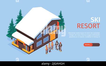 Ski resort horizontal banner with cozy small chalet isometric image in mountains vector illustration Stock Vector