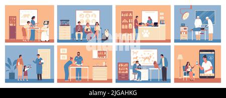 Veterinary clinic set of flat color compositions illustrated health care to domestic and wild animals isolated vector illustration Stock Vector