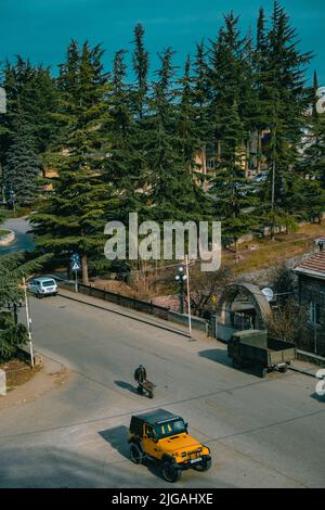 An aerial view of road surrounded by growing trees Stock Photo - Alamy