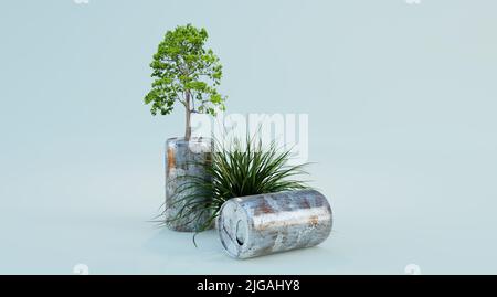 tree growth on old can, global warming and climate change concept, 3d illustration rendering Stock Photo