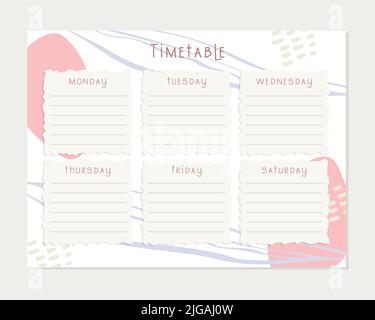Back to school timetable. Hand drawn. Classroom timetable. Plan note education. Planner, table class, template. Organizer paper weekly. Vector illustration Stock Vector
