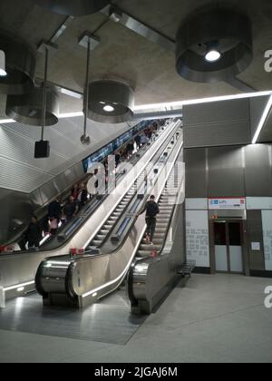 Elizabeth Line, Tottenham Ct Rd, London,UK, May 2022. Escalators at the new Tottenham Court Road station access point to the Elizabeth Line, London underground station, W1, England. Stock Photo