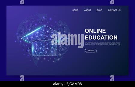Graduation cap 3d low poly website template. E-learning design illustration concept. Polygonal Online learning symbol for landing page Stock Vector