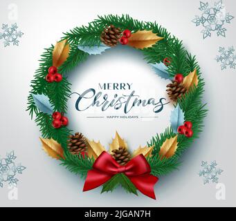 Christmas wreath vector concept design. Merry christmas greeting text in wreath xmas element with ribbon, holly berry and pine cone decoration. Stock Vector