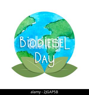 International Biodiesel Day 10 August, planet Earth watercolor hand drawn illustration. Emblem, logo, icon. Vector illustration Stock Vector