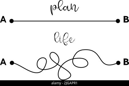 Plans versus real life, planning concept illustration by tangled and straight lines. Hard and Easy way vector illustration isolated on white background. Stock Vector