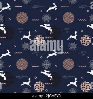 Mid autumn festival square banner with traditional patterns, cute bunnies and asian elements on dark blue background. Seamless pattern. Stock Vector