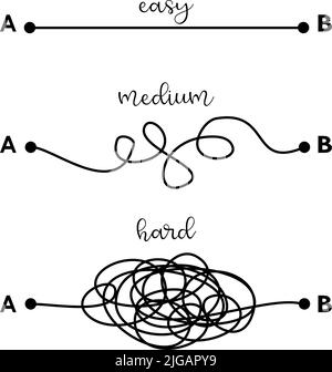 Hard, medium and easy way solution concept illustrated by tangled and straight lines. Complicated and simple path decision. Vector illustration design. Stock Vector