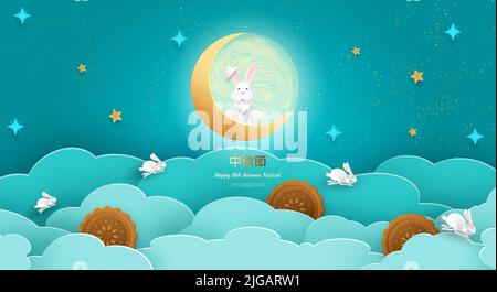 White rabbits with paper cut out Chinese clouds and mooncakes on a set background for the Chuseok Mid-Autumn Festival. Translation of the hieroglyph Stock Vector