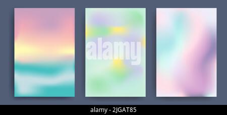 Set of vector gradients in pastel colors. For covers, wallpapers, branding and other projects. Summer palette. Beach, sea, sunset sky, lilac splashes Stock Vector