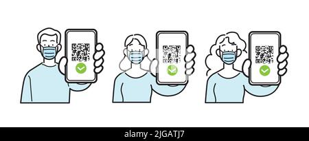 Line icons isolated vector set. Man and woman wearing surgical face mask, holding smartphone with qr code on screen. Digital sanitaty pass check. Stock Vector