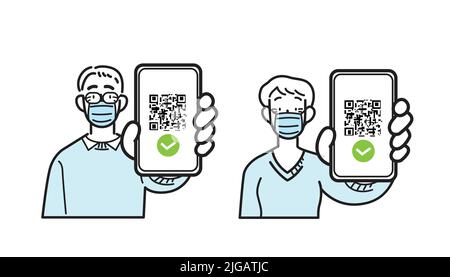 Line icons isolated vector. Old man and old woman wearing surgical face mask, holding smartphone with qr code on screen. Digital sanitary pass check. Stock Vector