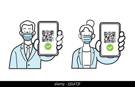 Line icons isolated vector. Man and woman employees with business suits wearing surgical masks, holding smartphone with qr code on screen. Stock Vector