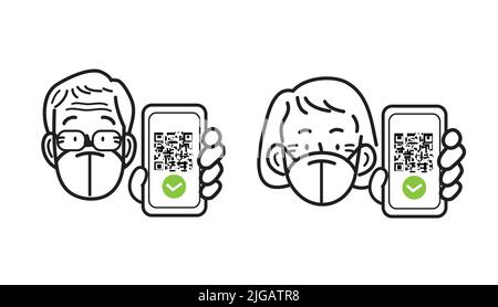 Covid19 prevention line icons vector. Old woman and man wearing ffp2 kn95 masks, holding smartphone with qr code on screen. Digital sanitary pass. Stock Vector