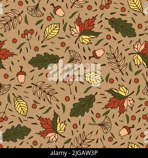 Seamless vector pattern with falling autumn leaves on beige background. Simple fall season wallpaper design. Decorative bright forest fashion textile. Stock Vector