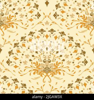 Seamless vector pattern with romantic flower fan on light yellow background. Decorative golden floral wallpaper design. Damask fashion textile. Stock Vector