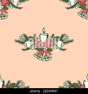 Seamless vector pattern with Christmas candle on light yellow background. Simple winter branch wallpaper design. Stock Vector