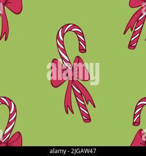 Seamless vector pattern with candy canes on green background. Simple Christmas sweet wallpaper design. Decorative seasonal fashion textile. Stock Vector