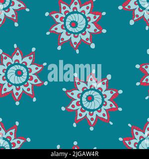 Seamless vector pattern with abstract flower on blue background. Gypsy style wallpaper design with artistic star. Decorative floral fashion textile. Stock Vector