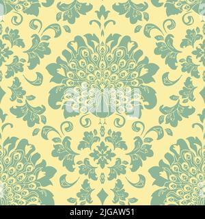 Seamless vector pattern with Victorian style bird wallpaper on soft yellow background. Simple romantic peacock silhouette. Stock Vector