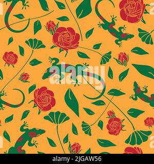 Seamless vector pattern with lizard and roses on yellow background. Floral wallpaper design with green gecko with kisses. Stock Vector