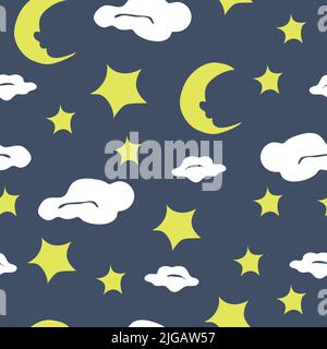 Seamless vector pattern with moon and stars on blue background. Night sky wallpaper design with clouds. Simple repeat fabric fashion for children. Stock Vector