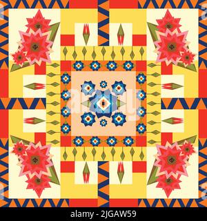Seamless vector pattern flowers in square. Summer floral quilt tile with yellow and blue. Cute geometrical flower design. Stock Vector