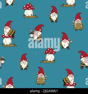 Seamless vector pattern with hand drawn gnomes on blue background. Simple cheerful elf wallpaper design. Decorative festive fashion textile. Stock Vector