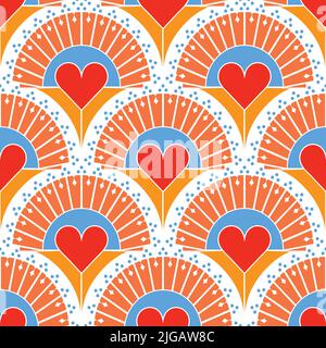 Seamless vector pattern with retro love heart on white background. Simple Valentines day wallpaper design. Decorative love fan fashion textile. Stock Vector