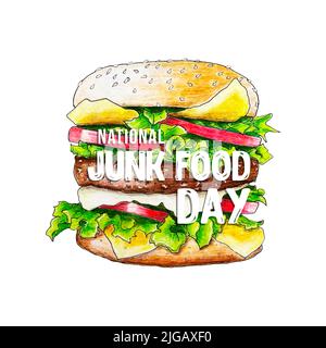 National Junk Food Day vector. Fast food burger pencil drawing junk food vector. American delicacy meal. Junk Food Day Poster, July 21. Vector illustration Stock Vector