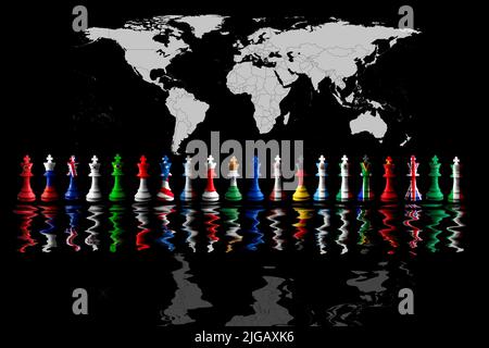 g20 countries flags paint over on chess king. 3D illustration. world map on background. Stock Photo