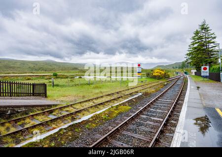 The view from the railway station at Achnasheen, a small village in Ross-shire in the Highland council area of Scotland with heavy clouds Stock Photo