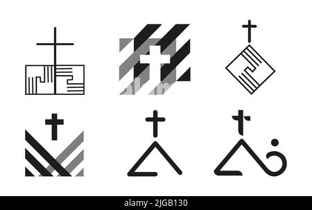 Church logo vector creative design. Set of christian church icons and church logos abstract geometric template. Christian cross outline silhouette. Christian symbol of Jesus Christ.  Stock Vector