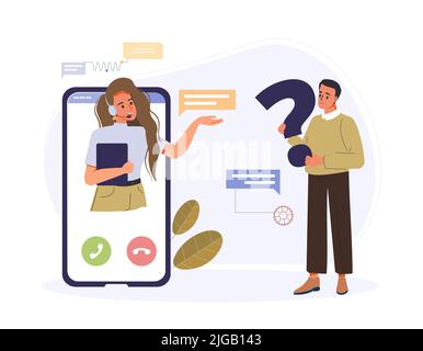 Customer support, customer service content. Cartoon character asking questions, chatting with personal assistant. Smartphone screen with hotline operator in headset helping clients vector illustration. Stock Vector