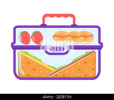 Lunch box with school meal cartoon fruit, cookies, sandwich in container. Flat vector illustration isolated on white. Colorful appetizing snack food in kids lunch box. Colored healthy meals storage. Stock Vector